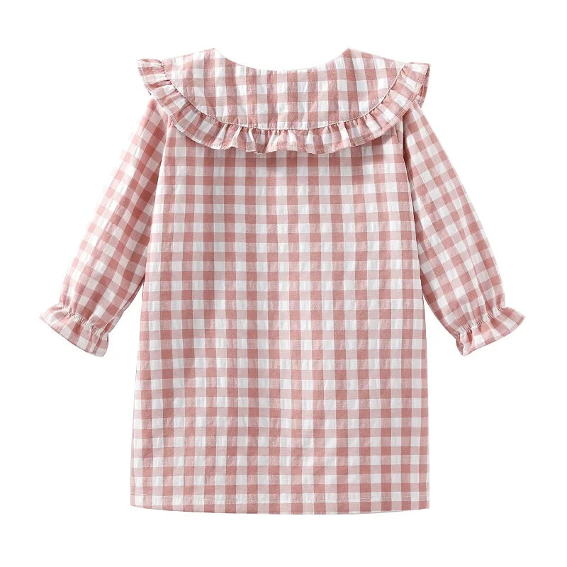 Mudkingdom Ruffle Collar Girls Nightgowns Plaid Long Sleeve Toddler Pajamas Dress Peter Pan Cute Sleep Shirts Girl Homewear