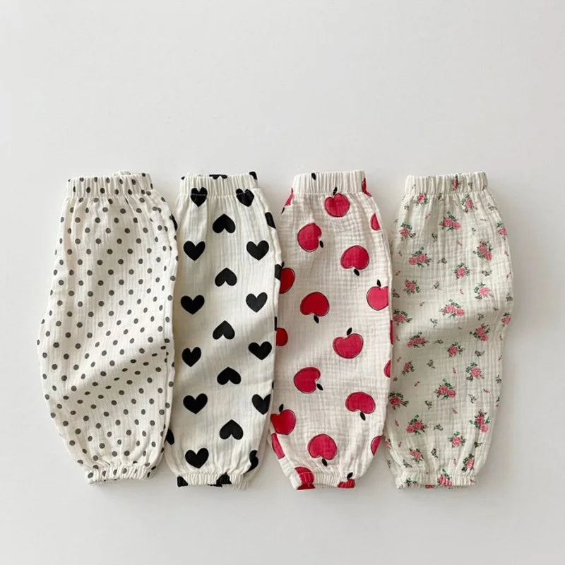 Summer Baby Clothes Linen Girls Pants Sweet Print Girls Trousers Boys Casual Pants