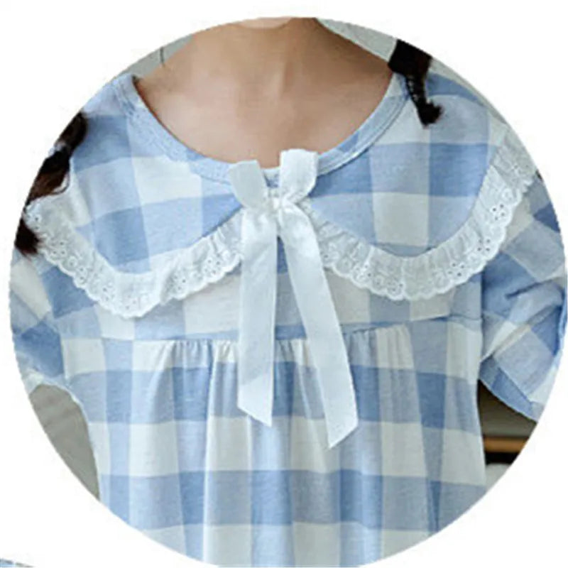 Spring Autumn Cotton Long Sleeve Children's Pajamas Little Girls Thin Nightdress Baby Girls Solid Color Lattice Pattern Homewear