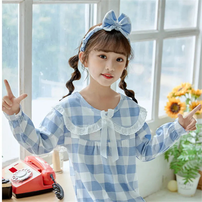 Spring Autumn Cotton Long Sleeve Children's Pajamas Little Girls Thin Nightdress Baby Girls Solid Color Lattice Pattern Homewear