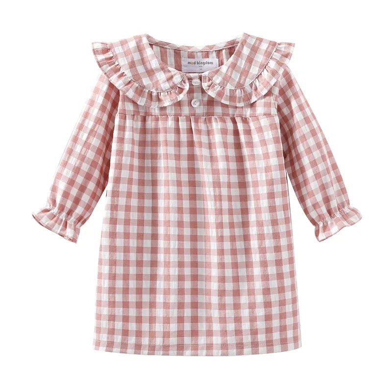 Mudkingdom Ruffle Collar Girls Nightgowns Plaid Long Sleeve Toddler Pajamas Dress Peter Pan Cute Sleep Shirts Girl Homewear
