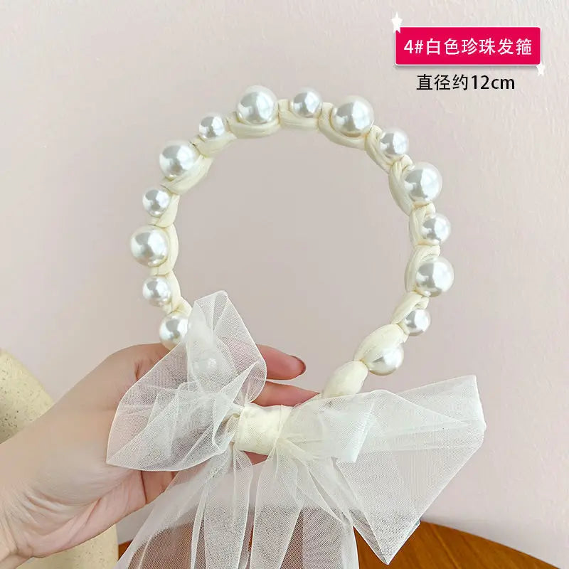 Children Streamer Hair Accessories Pearl Headband Baby Cute Princess Female Super Cute Headband Broken Hair Finishing Hairpin