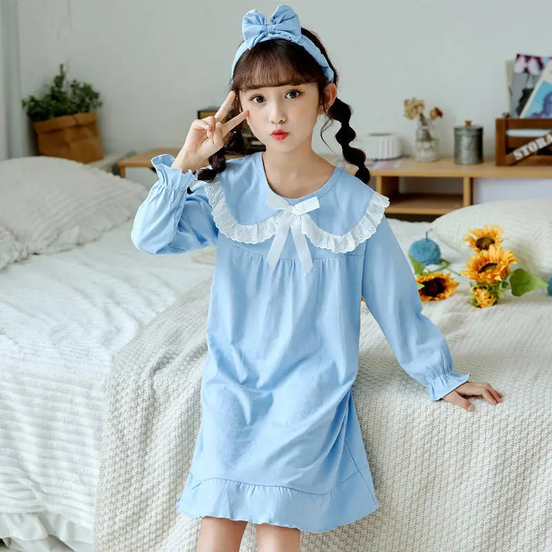 Spring Autumn Cotton Long Sleeve Children's Pajamas Little Girls Thin Nightdress Baby Girls Solid Color Lattice Pattern Homewear