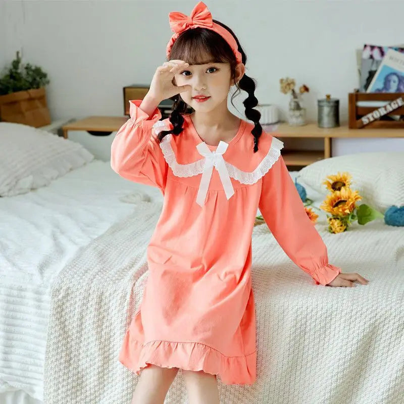Spring Autumn Cotton Long Sleeve Children's Pajamas Little Girls Thin Nightdress Baby Girls Solid Color Lattice Pattern Homewear