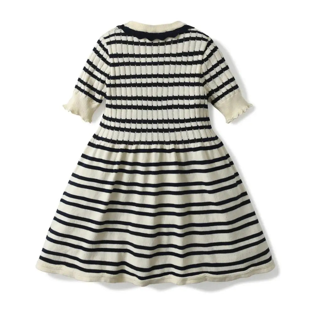 Kids Knit Cotton Sweater Summer Children Crochet Ribbed Striped Frocks Toddler Girls Knitted Dress Sisters Match Outfits