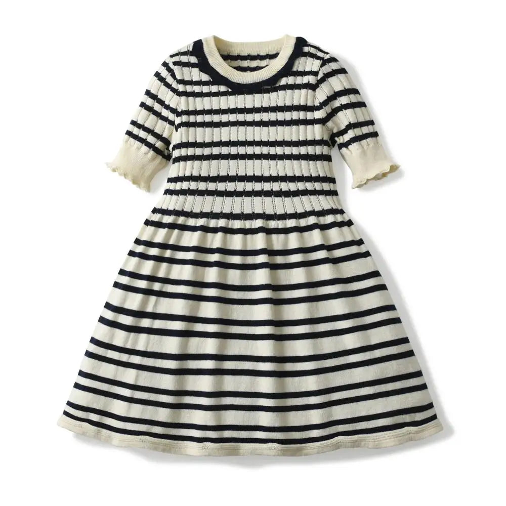 Kids Knit Cotton Sweater Summer Children Crochet Ribbed Striped Frocks Toddler Girls Knitted Dress Sisters Match Outfits