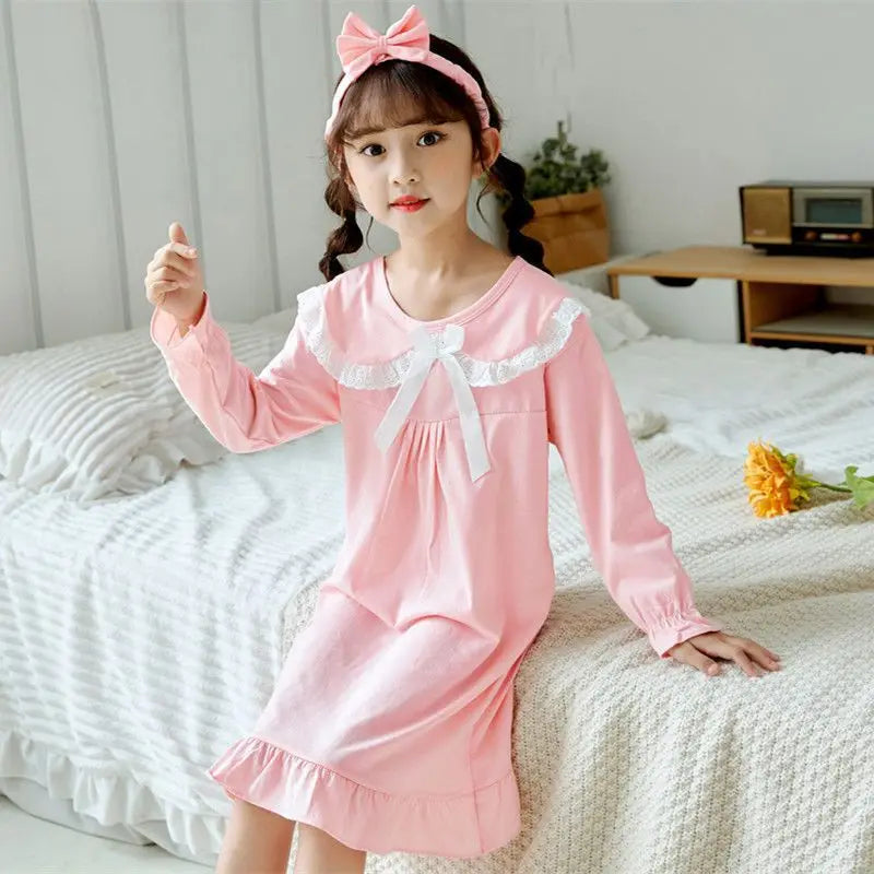 Spring Autumn Cotton Long Sleeve Children's Pajamas Little Girls Thin Nightdress Baby Girls Solid Color Lattice Pattern Homewear
