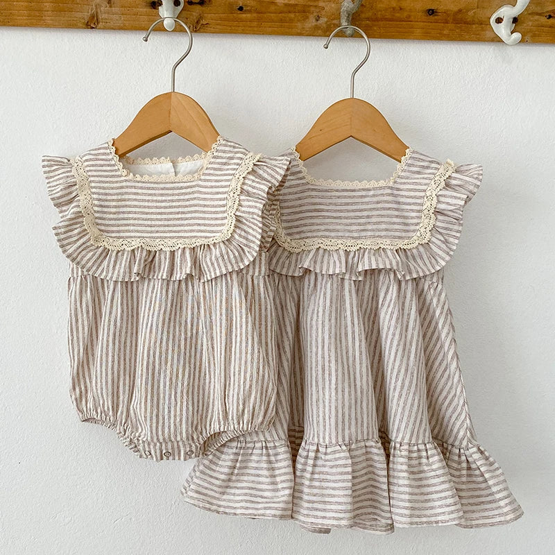 Sisters Clothes Kids Party Dress Toddler Baby Girl Romper Sleeveless Cotton Stripe Summer Baby Girls Princess Dress Korean Style