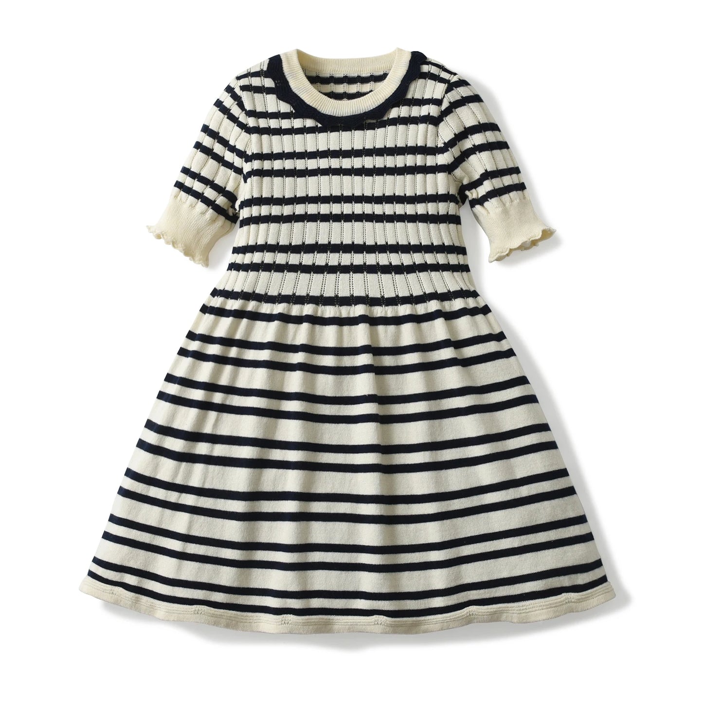Kids Knit Cotton Sweater Summer Children Crochet Ribbed Striped Frocks Toddler Girls Knitted Dress Sisters Match Outfits