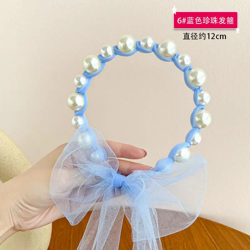 Children Streamer Hair Accessories Pearl Headband Baby Cute Princess Female Super Cute Headband Broken Hair Finishing Hairpin