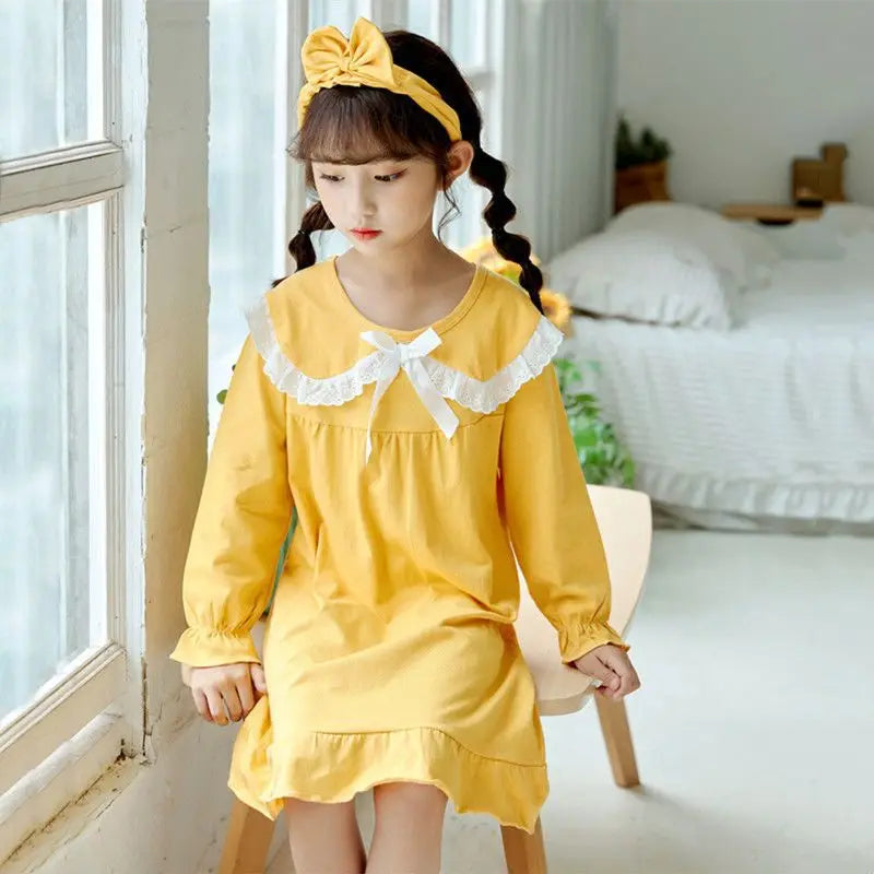 Spring Autumn Cotton Long Sleeve Children's Pajamas Little Girls Thin Nightdress Baby Girls Solid Color Lattice Pattern Homewear