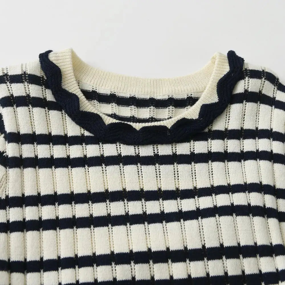 Kids Knit Cotton Sweater Summer Children Crochet Ribbed Striped Frocks Toddler Girls Knitted Dress Sisters Match Outfits
