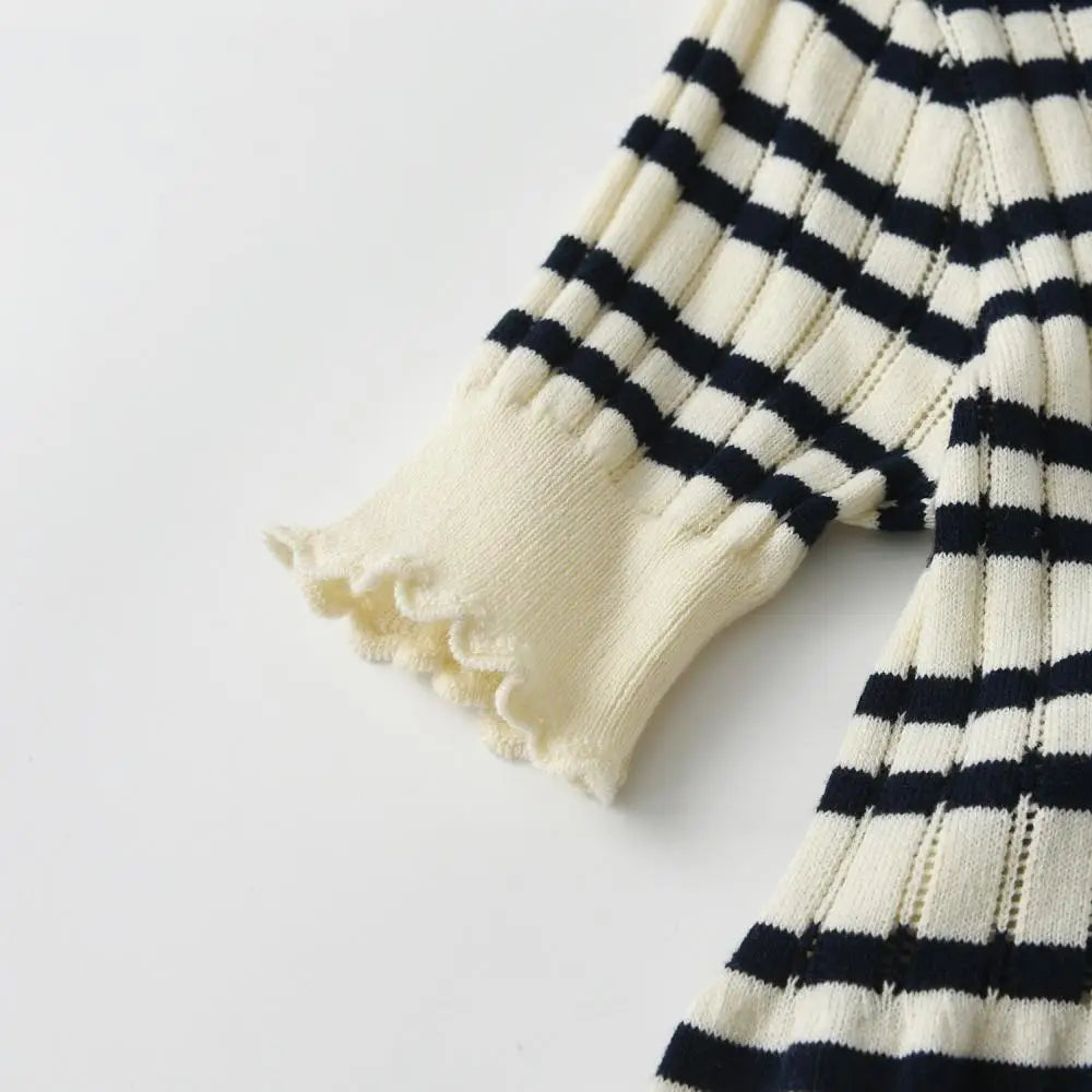 Kids Knit Cotton Sweater Summer Children Crochet Ribbed Striped Frocks Toddler Girls Knitted Dress Sisters Match Outfits