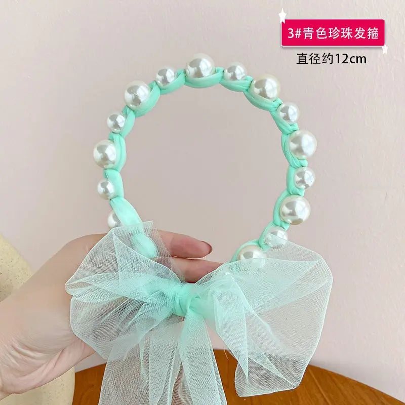 Children Streamer Hair Accessories Pearl Headband Baby Cute Princess Female Super Cute Headband Broken Hair Finishing Hairpin