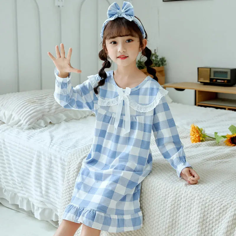 Spring Autumn Cotton Long Sleeve Children's Pajamas Little Girls Thin Nightdress Baby Girls Solid Color Lattice Pattern Homewear