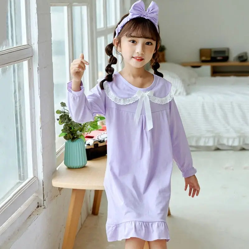 Spring Autumn Cotton Long Sleeve Children's Pajamas Little Girls Thin Nightdress Baby Girls Solid Color Lattice Pattern Homewear