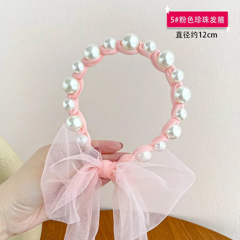 Children Streamer Hair Accessories Pearl Headband Baby Cute Princess Female Super Cute Headband Broken Hair Finishing Hairpin