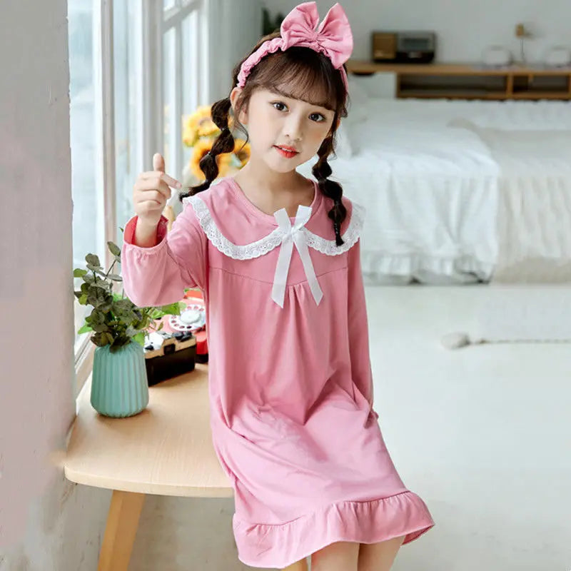 Spring Autumn Cotton Long Sleeve Children's Pajamas Little Girls Thin Nightdress Baby Girls Solid Color Lattice Pattern Homewear