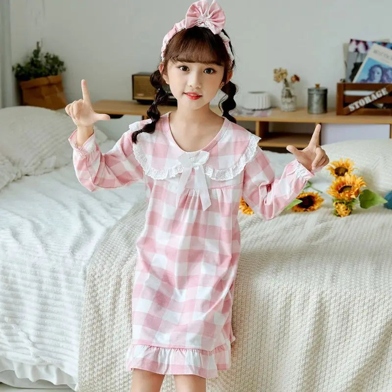Spring Autumn Cotton Long Sleeve Children's Pajamas Little Girls Thin Nightdress Baby Girls Solid Color Lattice Pattern Homewear