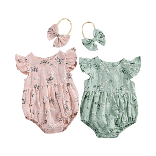 2021 Baby Summer Clothing Baby Cotton Jumpsuit Headband Floral Print Round Collar Fly Sleeve Bodysuit Hair Band Girls Pink/Green