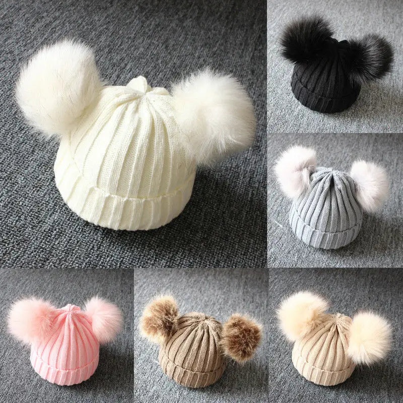 Furry PomPom Hat Winter Warm Knit