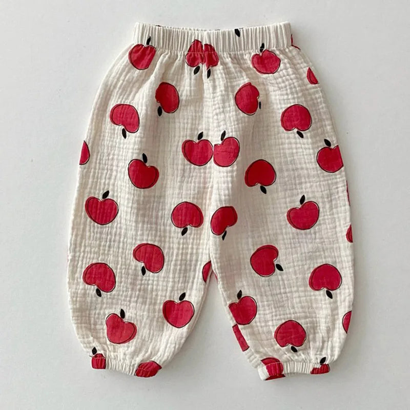 Summer Baby Clothes Linen Girls Pants Sweet Print Girls Trousers Boys Casual Pants