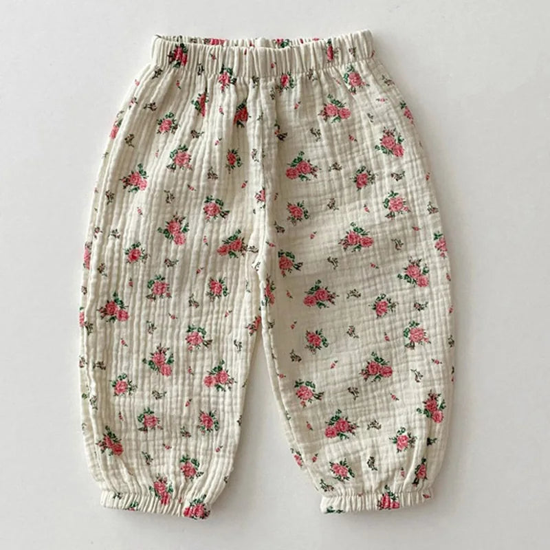 Summer Baby Clothes Linen Girls Pants Sweet Print Girls Trousers Boys Casual Pants