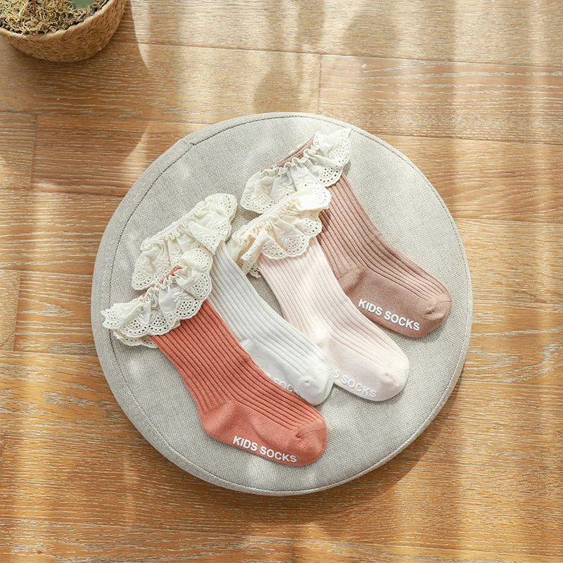 Toddler Socks Newborn Baby Girl Spring Exquisite Cotton Lace Prewalker Autumn Infant Solid Skidproof Kids Princess Sock 0-3T