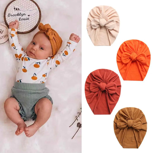 Solid Baby Cotton Beanies Cute Bear Ear Bowknot Turban Hats Sweet Soft 0-4T Elastic Caps for Newborn Baby Boy Girls Headwraps