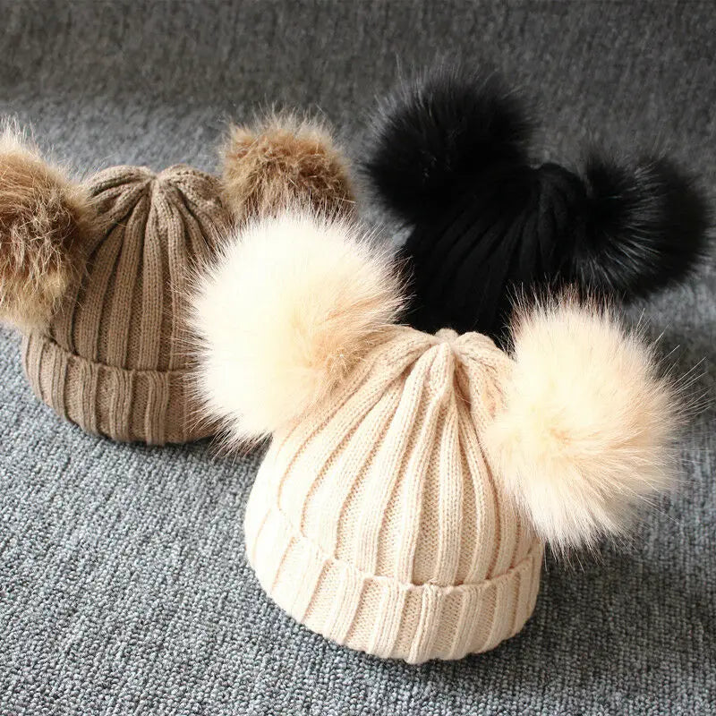 Furry PomPom Hat Winter Warm Knit