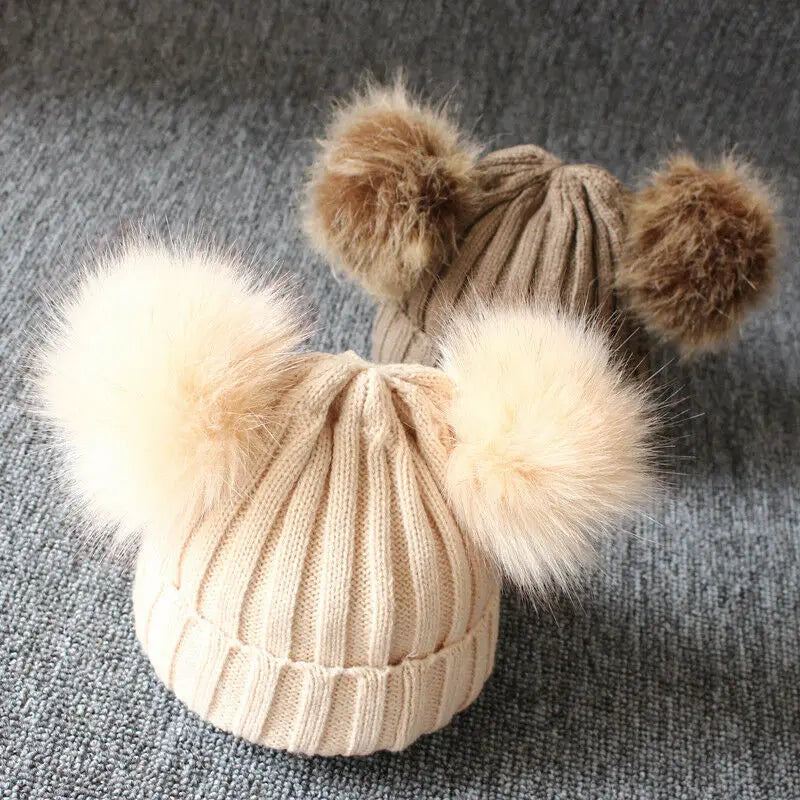 Furry PomPom Hat Winter Warm Knit