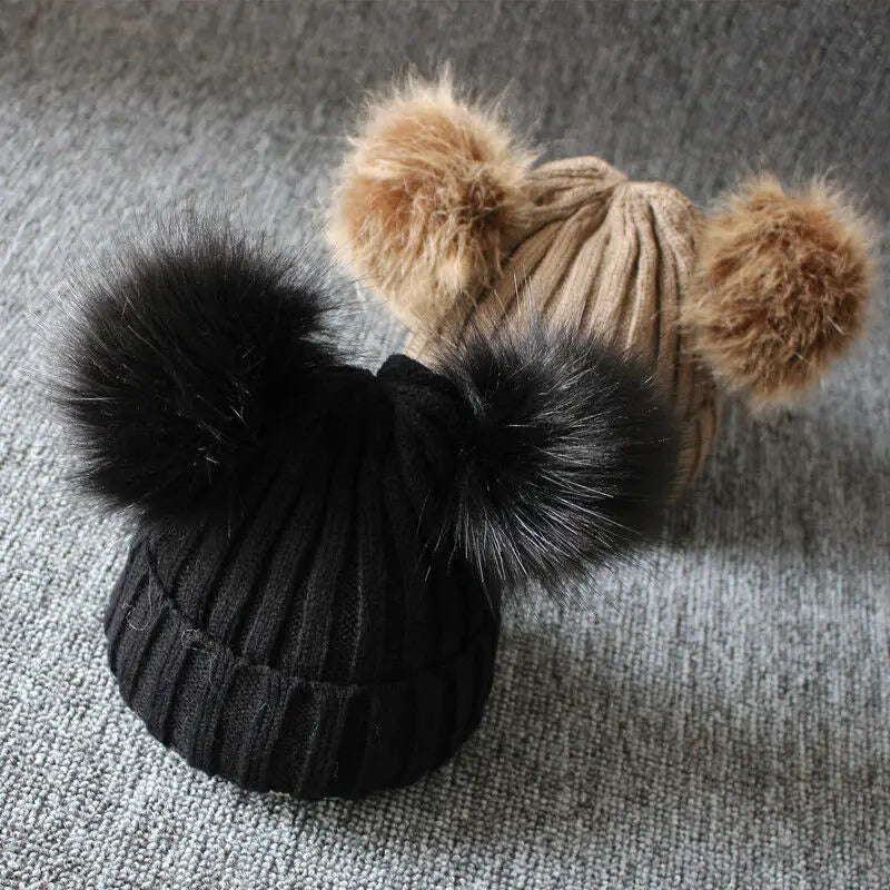 Furry PomPom Hat Winter Warm Knit