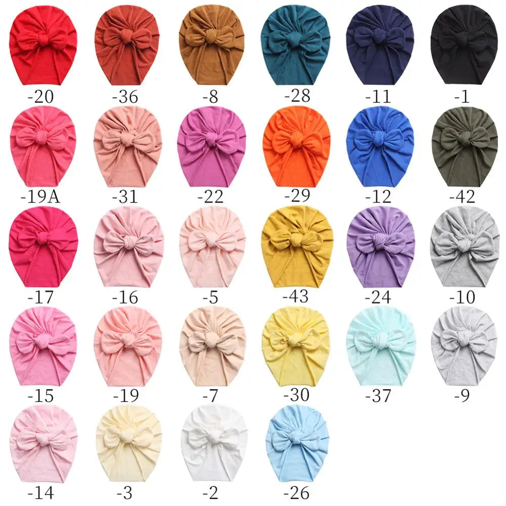 Solid Baby Cotton Beanies Cute Bear Ear Bowknot Turban Hats Sweet Soft 0-4T Elastic Caps for Newborn Baby Boy Girls Headwraps