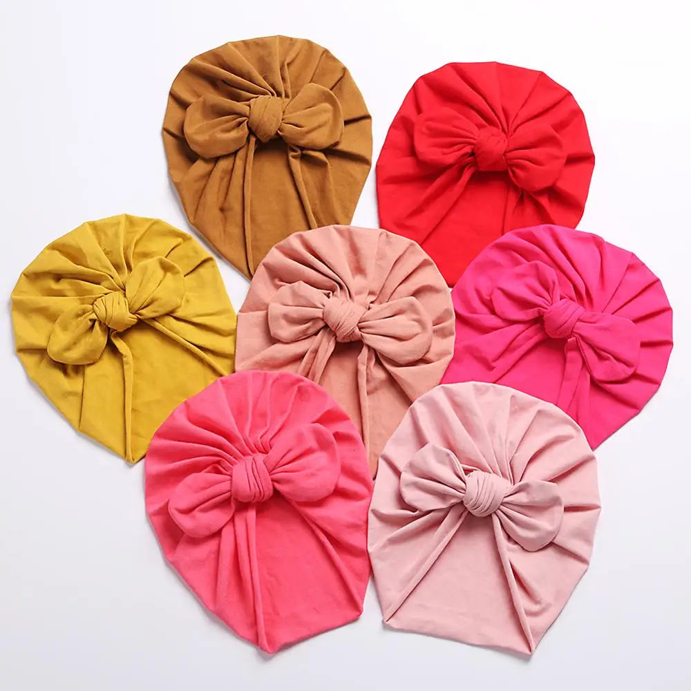 Solid Baby Cotton Beanies Cute Bear Ear Bowknot Turban Hats Sweet Soft 0-4T Elastic Caps for Newborn Baby Boy Girls Headwraps