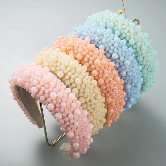 Fashionable Cross Border Handmade Beaded Pearl Headband With Jelly Color Women's Sponge Wide Edge Korean Hair Accessories