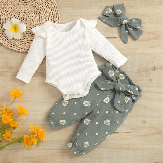 0-24M Infant Baby Girls 3PCS Romper Sets Long Sleeve Plain Ribbed Snap Romper + Daisy Ruched Long Pants with Belt + Bow Headband