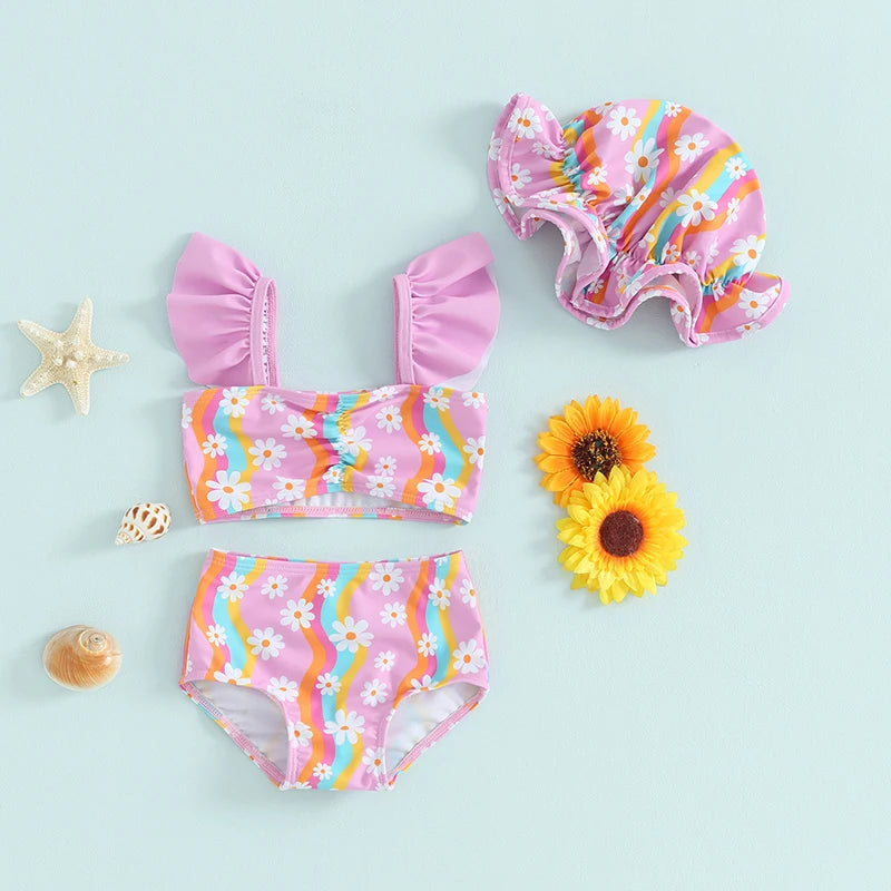 Baby Girl Floral Swimsuit Toddler Striped Bikini Set