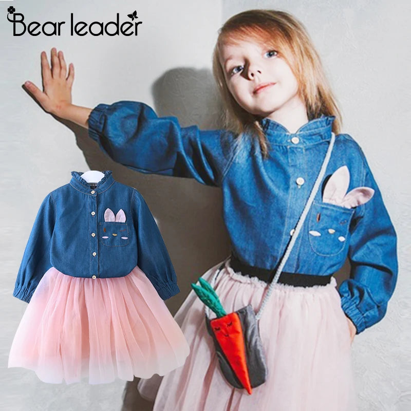 Bear Leader Girls Dress New Autumn Girl Cartoon Bunny Dress Long Sleeve Denim Embroidery Mesh Dress Kids Vestidos Clothing 3 7Y