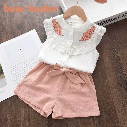 Bear Leader Kid Baby Girls Feather Clothes Sets 2023 Summer Sleeveless Tops Bandage Shorts Fashion Lovely Clothing 2 7 Years