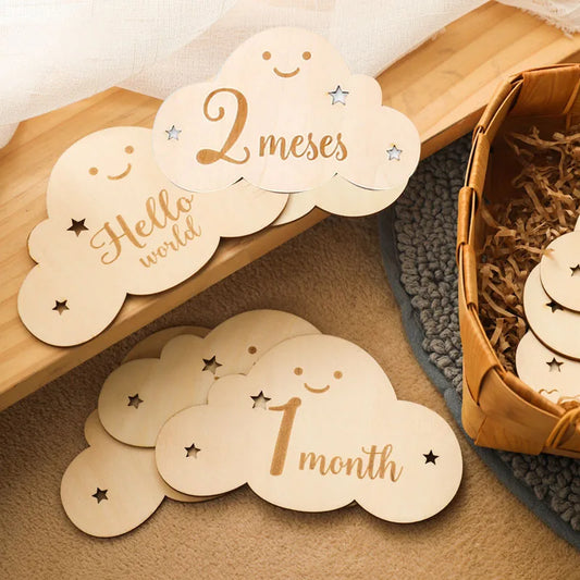 English&Spanish Wooden Baby Milestone Number Month Memorial Cards Items  Cute Cloud Shape Newborn Photography Accessories Props