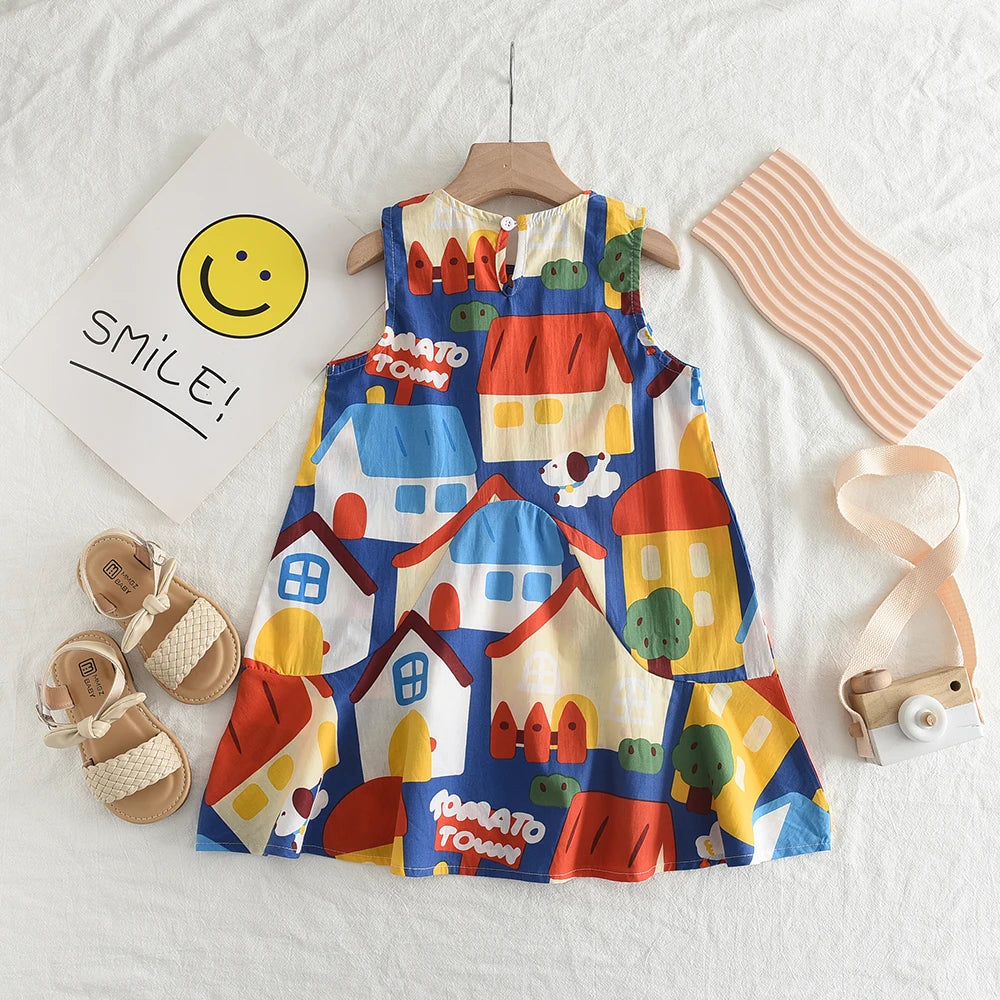 Bear Leader Girls Dresses 2023 New Girls Magnanimous Cartoon Pattern Print Sleeveless Tank Dress 3-14 Years Old Girls Clothing