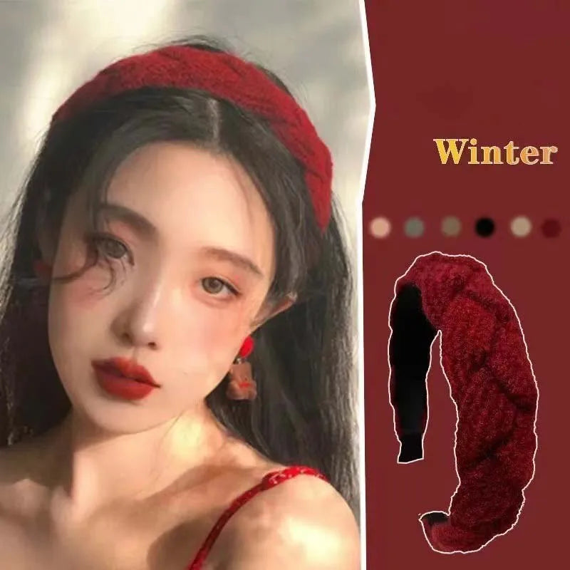 New Vintage Red Womens Headband Woolen Velvet Hair Band Headwear Girl Side Sponge Hair Hoop Christmas Day Hair Accessories