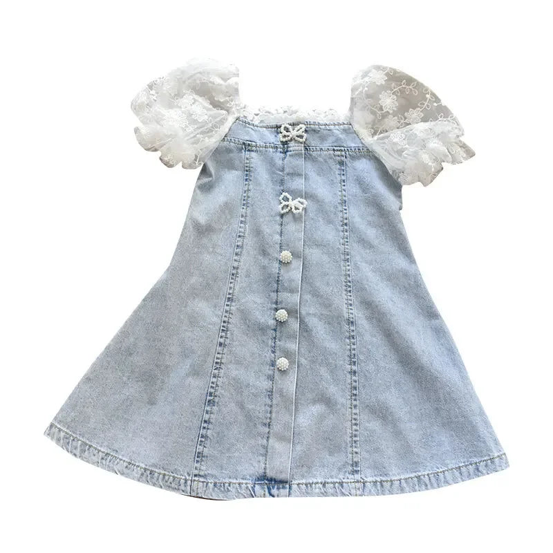 Children Girls Beads Lace Sleeve Denim  Dress Toddler  Fashion   Summer Dresses