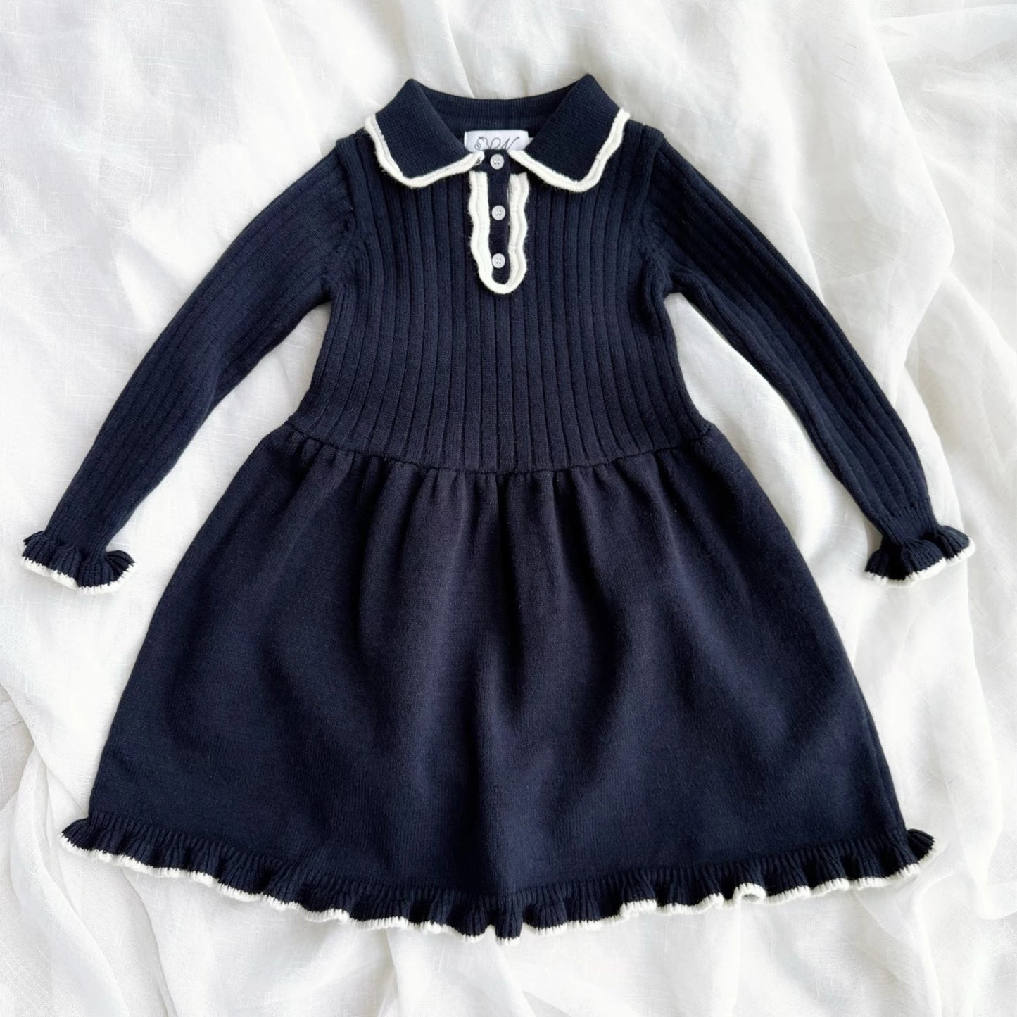 2025 Knitted Princess Dresses for Baby Girls Cute French Retro College Navy Blue Cashmere Sweater Dress Toddler Clothes Vestidos