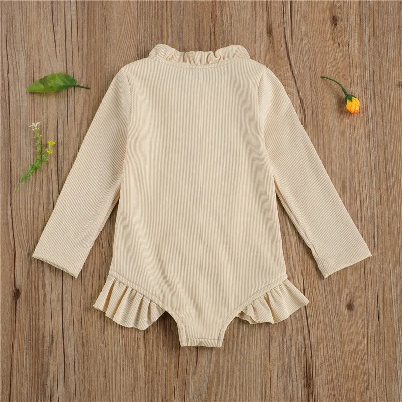 Knitted Front Zipper Long Sleeve Ruffles Summer Swimsuit