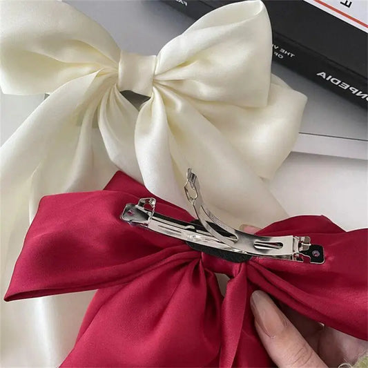 Elegant Bow Ribbon Hair Clip For Women Girls Solid Color Satin Ribbon Big Bow Tie Spring Clip Hairpin Headwear Hair Accessories