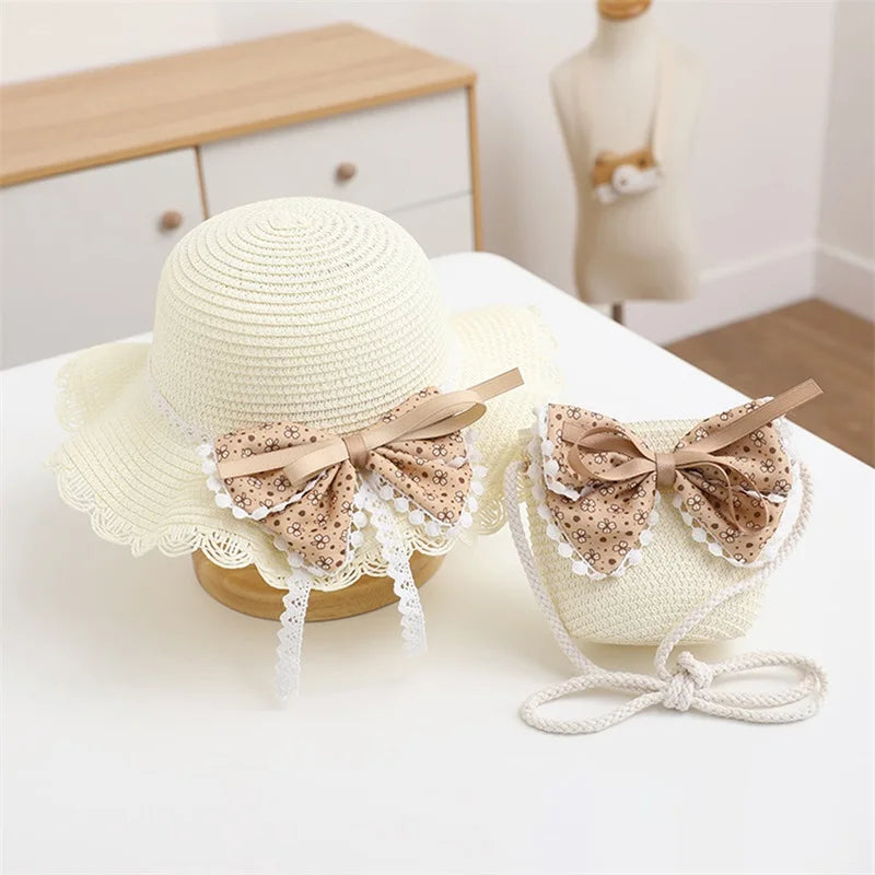 SXYPAYXS-Girls Summer Straw Sun Hat Summer Protection Wide Brim Reversible Beach Hats with Crossbody Bags for 2-7 Years Kids