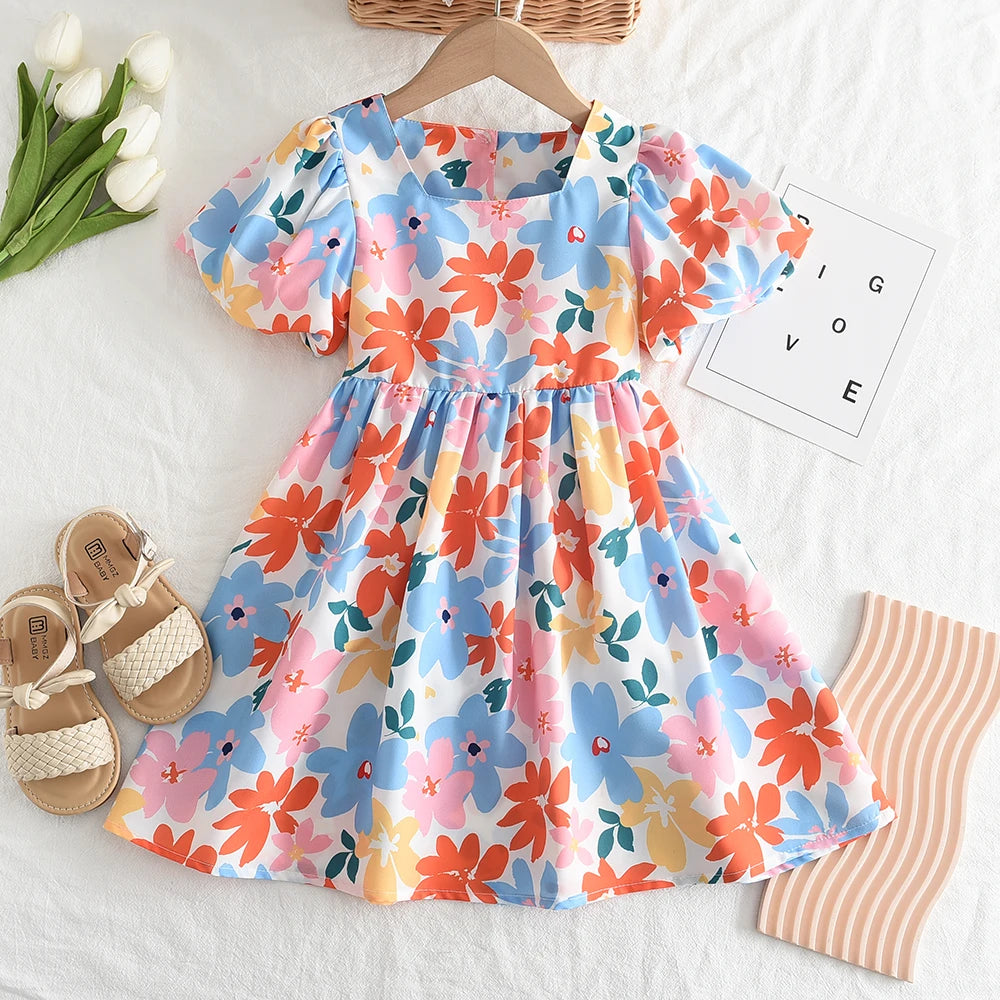 Bear Leader Girls Dresses 2023 Summer New Baby Girls Colourful Floral Short-sleeved Dresses 3-7 Years Old Girls Clothing