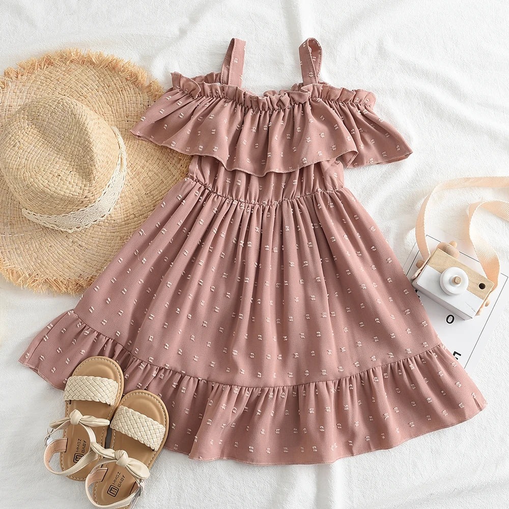 Bear Leader Jacquard Baby Girls Dresses Casual Ruffles Suspender Dress Kids Clothes Solid Color Boat Neck A-line Princess Dress