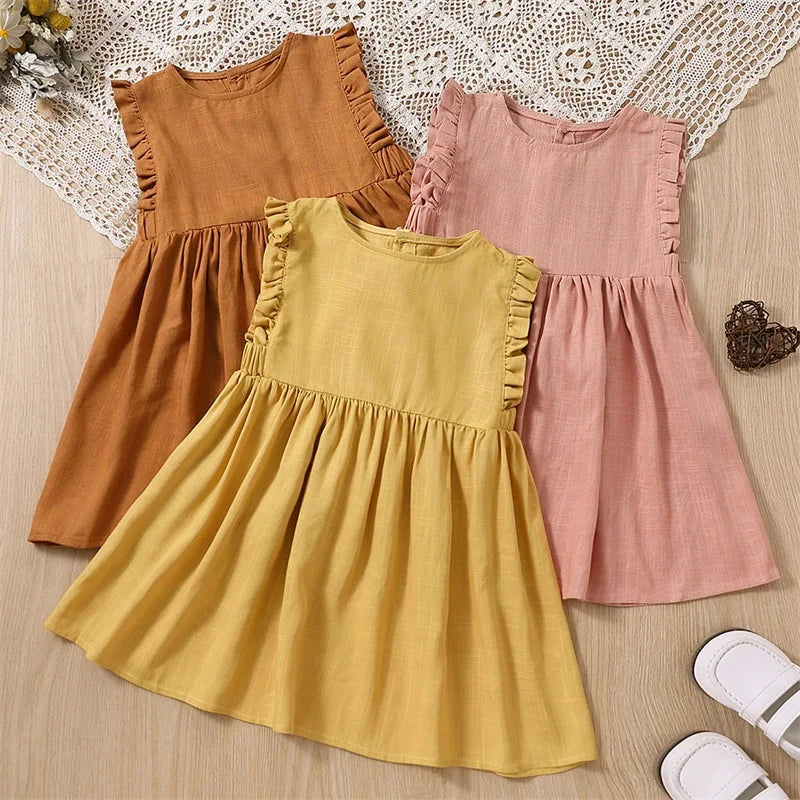 Wholesale Baby Girls Keyhole Dress Ruffle Trim Plicated Dress  Casual Solid Color Kids Summer  Clothes Cheap Dropshipping